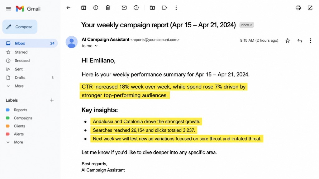 Weekly AI campaign report in inbox